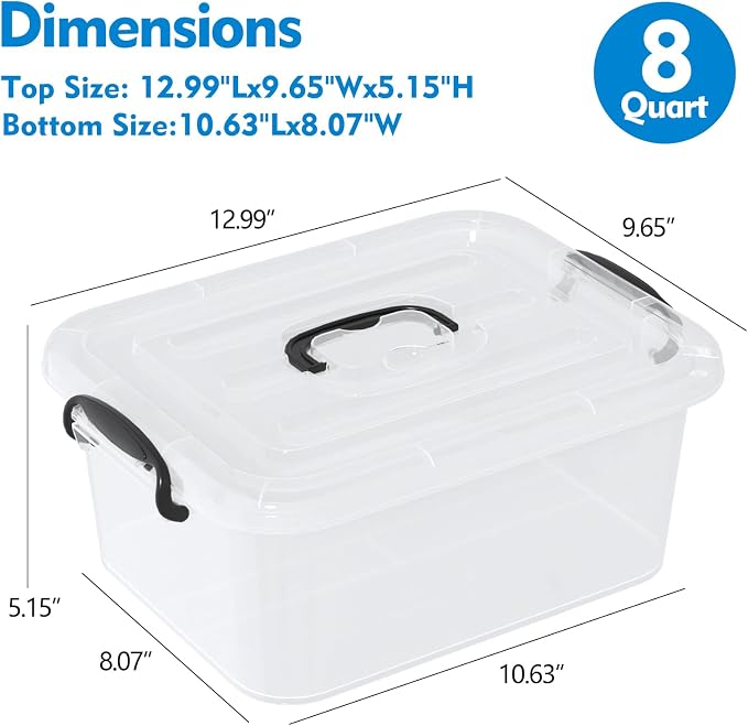 8 Quart Clear Plastic Storage Latching Bin with Handle, 2 Packs | Plastic Organizing Tote Box with Lids
