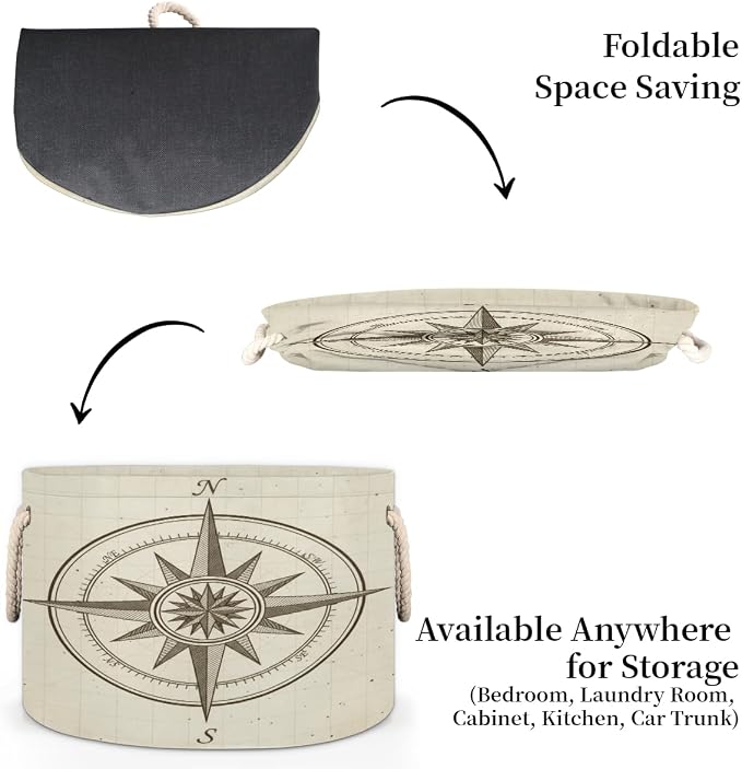 Large Storage Baskets - Vintage Nautical Compass Nursery Organizer Bin Box with Handles Collapsible Round Laundry Hamper for Kids Toys Pet Blanket, Bedroom Living Room Home Decor Gift Basket