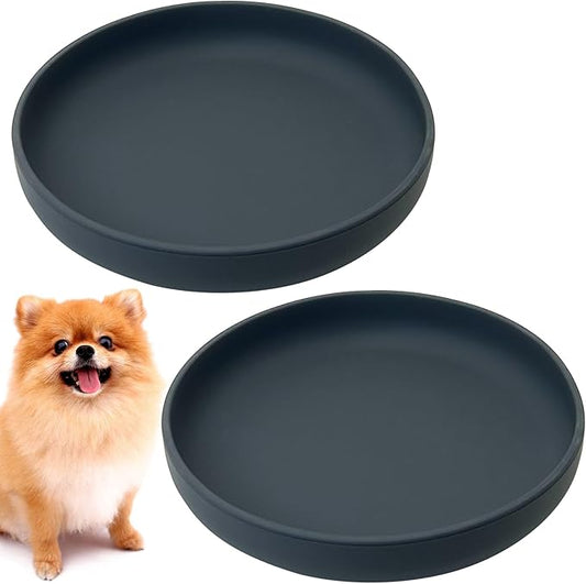 Silicone Dog Bowl Set of 2 Flat Puppy Food & Water Dish Less Mess Cat Dry Food Plates with Suction Cup Non-Tippable Feeding Bowls for Small & Medium-Sized Pets (Round Grey)