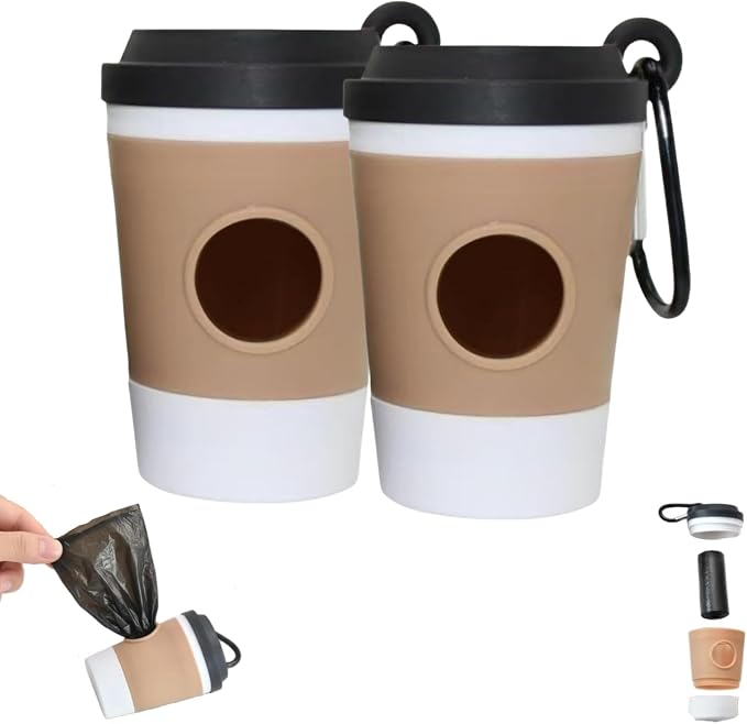 Dog Poop Bag Holder, Coffee Cup Design Dispenser with Carabiner Clip, Portable Waste Bag Carrier for Dogs & Cats, Hands-Free Leash Attachment for Walking, Hiking, Travel, Pet Waste Organizer (B_2Pcs)