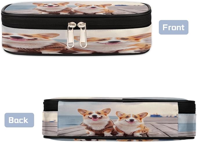 Two Cute Corgi Dogs Beach Pet Pencil Case Pouch, Big Capacity Waterproof Pen Bag for Students Teens Adults, Large Storage Organizer for Stationery