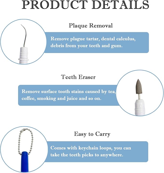 4PCS Reusable Dental Picks Kit Portable Teeth Stain Plaque Remover with Keychain with Keychain Tooth Erasers Tartar Eraser Tool Set for Travel, Pets & Oral Hygiene, Blue and White(Pack of 4)