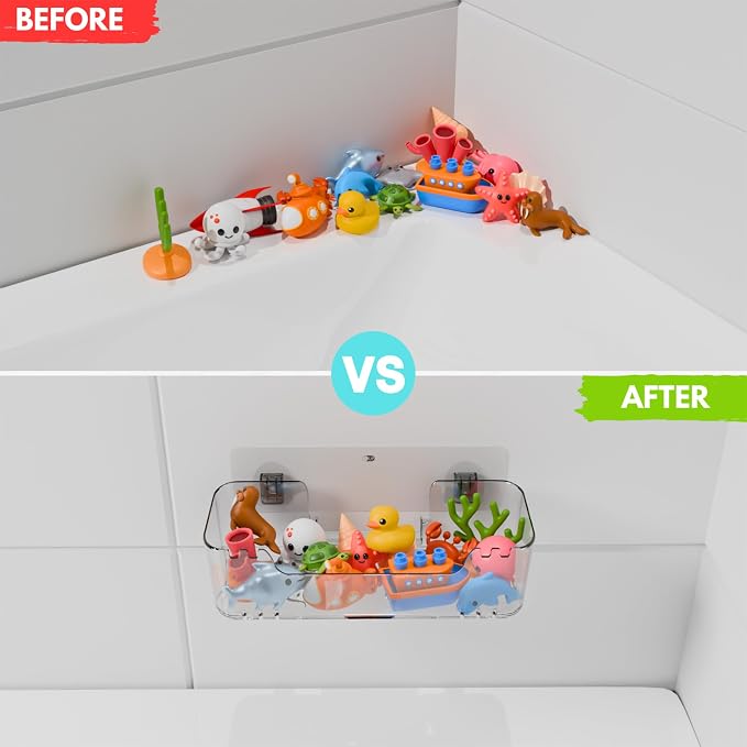 Bathtub Toy Storage, Clear Wall-Mounted Bath Toy Holder, No-Drill | 2 Adhesive Backplates Included, BPA-Free PET, Fast-Drain Design, Detachable, 13 lb Load Capacity