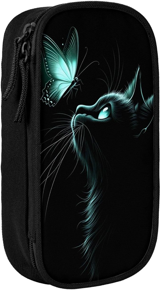 Blue Eyed Black Cat Butterfly Pencil Pouch, Oxford Cloth Pen Case With Double Zipper Compartments, Portable Stationery Organizer For Office Supplies, Travel Accessories Makeup Items