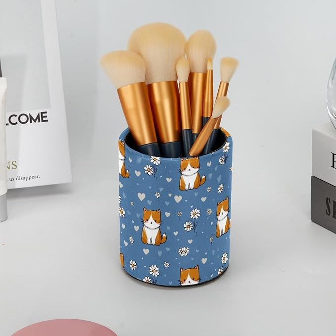 Faux Leather Pen Holder for Desk, Pencil Organizer Cute Cats Pen Cup Desk Decor Makeup Brush Holder Storage for Office Home