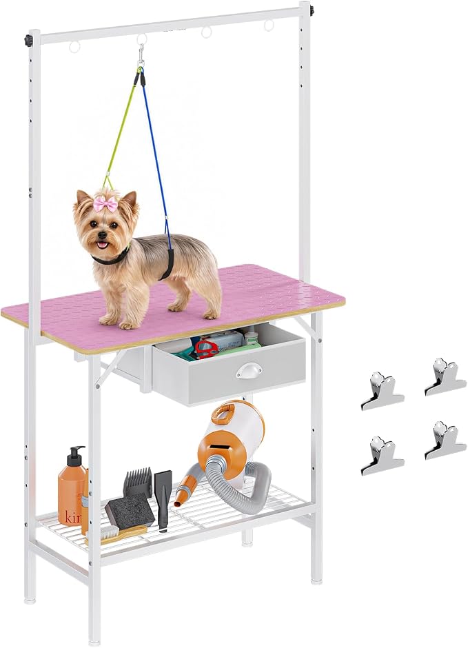 32-Inch Adjustable Dog Grooming Table with Drawer & Mesh Tray, Pet Grooming Table with Non-Slip Removable Washable Mat & EVA Protective Lanyard, Professional Grooming Table for Small Dog at Home（Pink