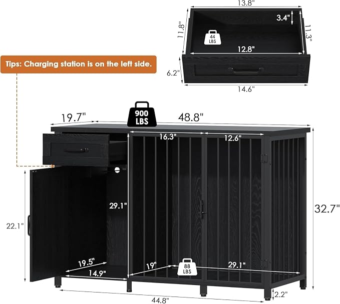 Spacesea 30" Dog Crate Furniture with Storage Drawers and Cabinet, Wooden Farmhouse Dog Kennel Indoor with 900lbs Capacity Steel Frame, Built-in Power Outlets