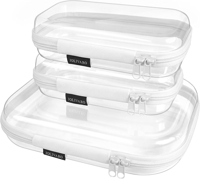 Clear Hard Shell Zipper Case Makeup Storage Organizer Pouches TSA Approved | Travel organizer bags for toiletries, cosmetics, electronics & diaper bins. Multi-size for office, camping, beach & home
