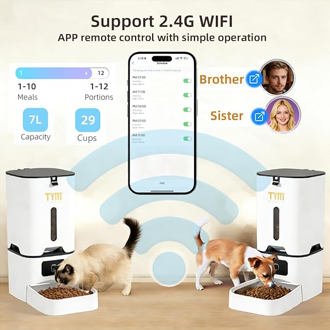 TYM Automatic Cat Feeder, 7L WiFi Cat Food Dispenser with Smart APP Control, Timed Auto Dog Feeder for Small Pets, Programmable Timer, Dual Power Supply, Detachable for Easy Cleaning