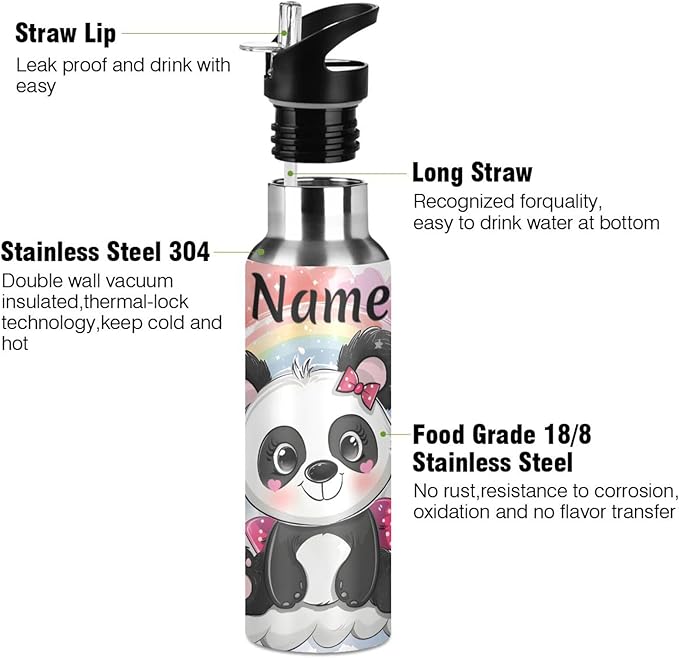 Custom Name Cute Cartoon Panda Rainbow Water Bottle with Straw Lid Kids Insulated Stainless Steel Water Flask Sports, 20 Oz Hot Cold