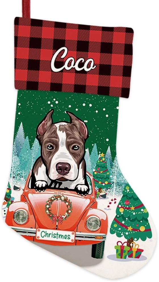 Personalized 1 Pack Christmas Stocking Cute Pit Bull Pet Dog Stocking Christmas Tree Winter Fireplace Holiday Decoration 14"