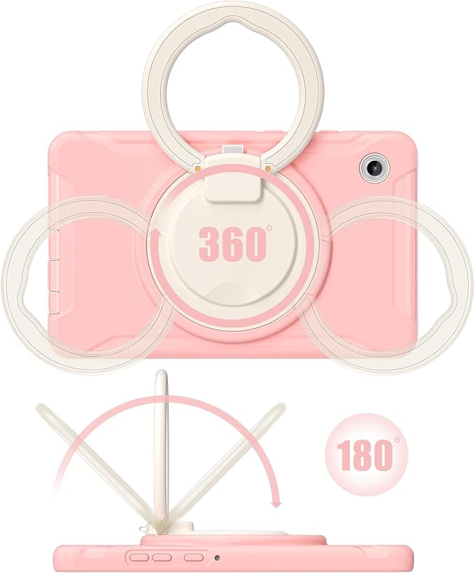 Heavy Duty Shockproof Case for Samsung Galaxy Tab A11 8.7 Inch 2025 (Model: SM-X133/X135/X135F) - with 360° Rotating Stand Handle, Built-in Screen Protector,Kid-Friendly Protective Cover (Pink)