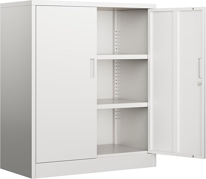 BESFUR Metal Garage Storage Cabinet with 2 Locking Doors and 2 Adjustable Shelves, 36" White Metal Short Storage Cabinet for Home Office, Garage,School,Utility Room