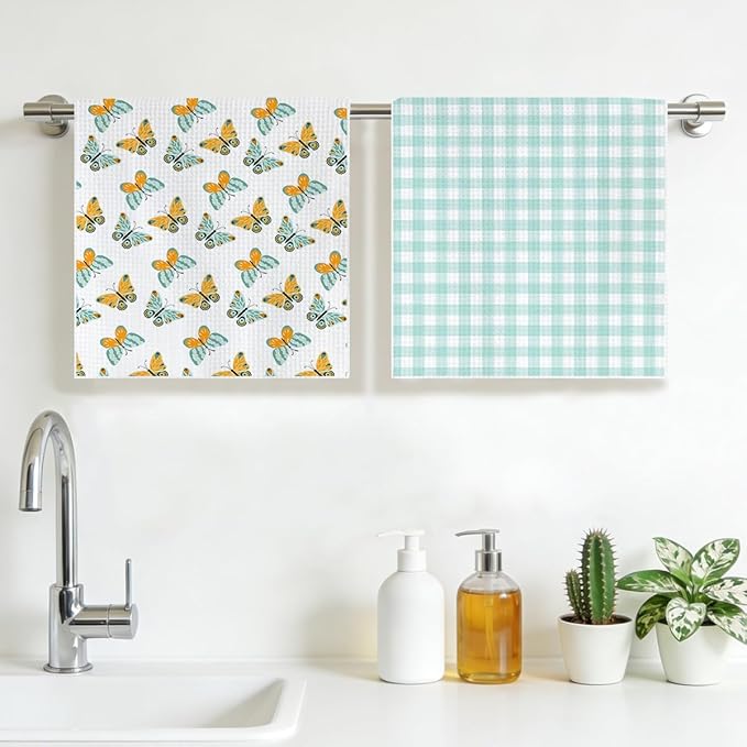 Butterfly and Green Checkered Kitchen Towels, Quick Dry Multipurpose Waffle Weave Hand Towels for Bathroom, Absorbent Reusable Cloth Tea Dish Towels for Home Decor, Butterfly Lover Gift Towel Set of 2