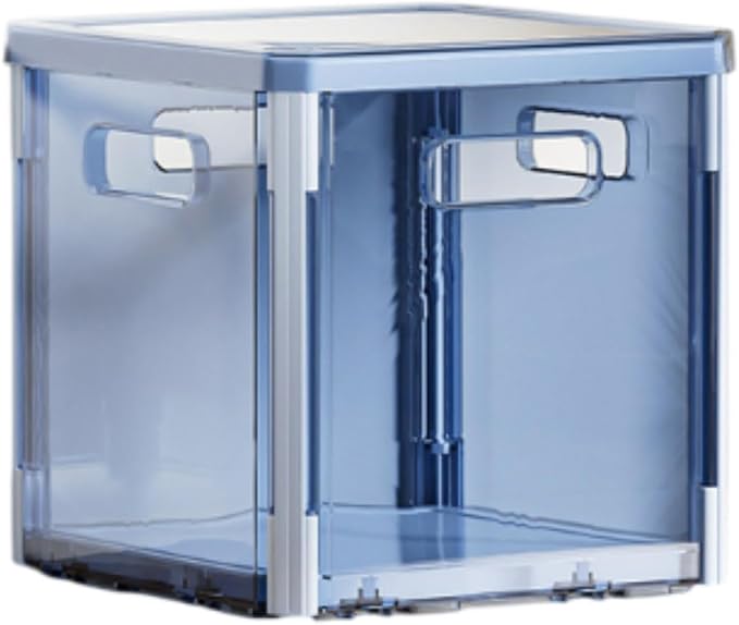 Foldable Storage Box Stackable Organizer Bin Container with Lid and Handles Portable Lightweight Dustproof PET Suitable for Clothing Bedding Books, Blue