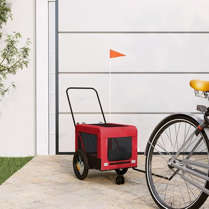 Pet Bike Trailer for Small Dogs, Foldable Bicycle Cargo Trailer with Push Bar, Mesh Windows, Reflectors, and Safety Flag, 66 lbs Capacity, Red