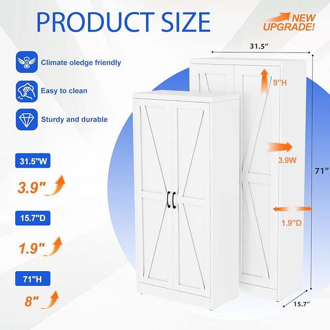 GAIOUS 71" Tall Kitchen Pantry Cabinet,White Cupboard,Metal Storage Cabinet | with 2 Doors and 4 Adjustable Shelves, Freestanding File Cabinet, 5 Tier Utility Cabinet for Dining Office Bathroom Bedroom