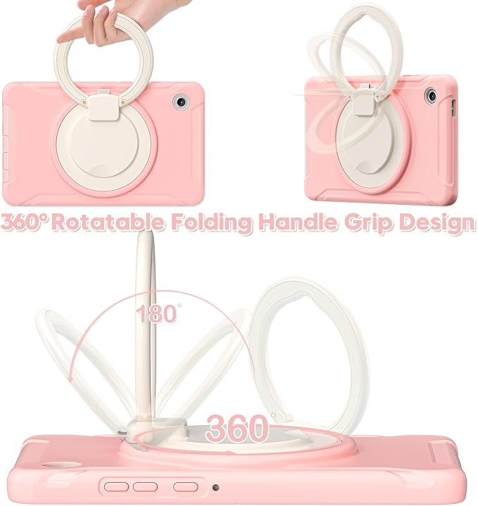 Heavy Duty Shockproof Case for Samsung Galaxy Tab A11 8.7 Inch 2025 (Model: SM-X133/X135/X135F) - with 360° Rotating Stand Handle, Built-in Screen Protector,Kid-Friendly Protective Cover (Pink)
