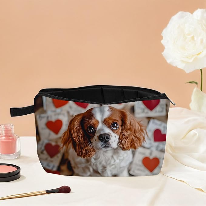 Cavalier King Charles Spaniel Makeup Bag Red Heart Background Adorable Dog Print Cosmetic Pouch for Dog Lovers Travel Toiletry Organizer Gift for Pet Enthusiasts