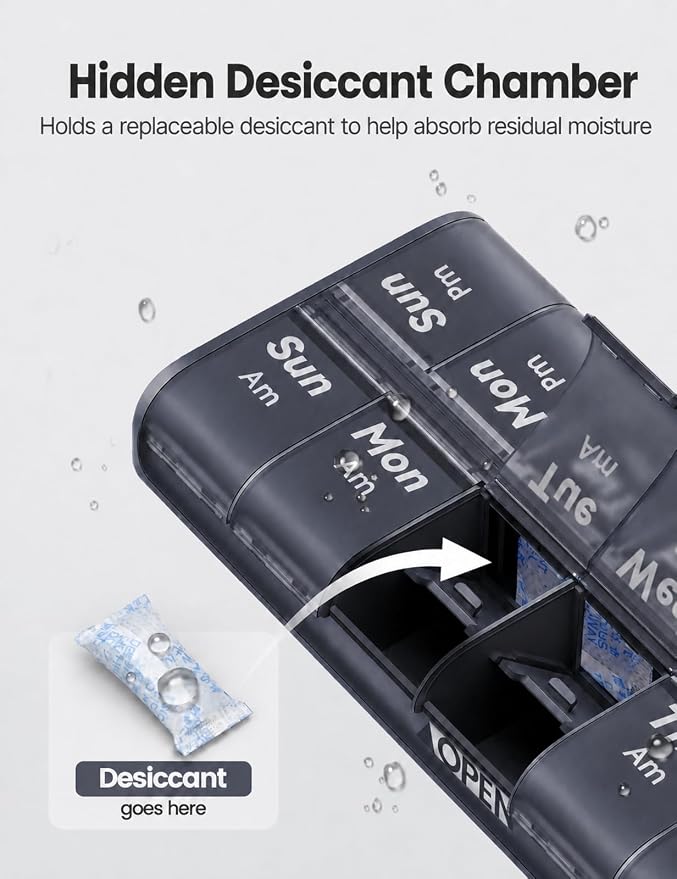 Pill Organizer 2 Times a Day, Built-in Desiccant | 7 Day AM PM Weekly Pill Box, Easy-Open, Portable Carry Handle, BPA-Free, Matte Privacy Case for Supplements and Vitamins