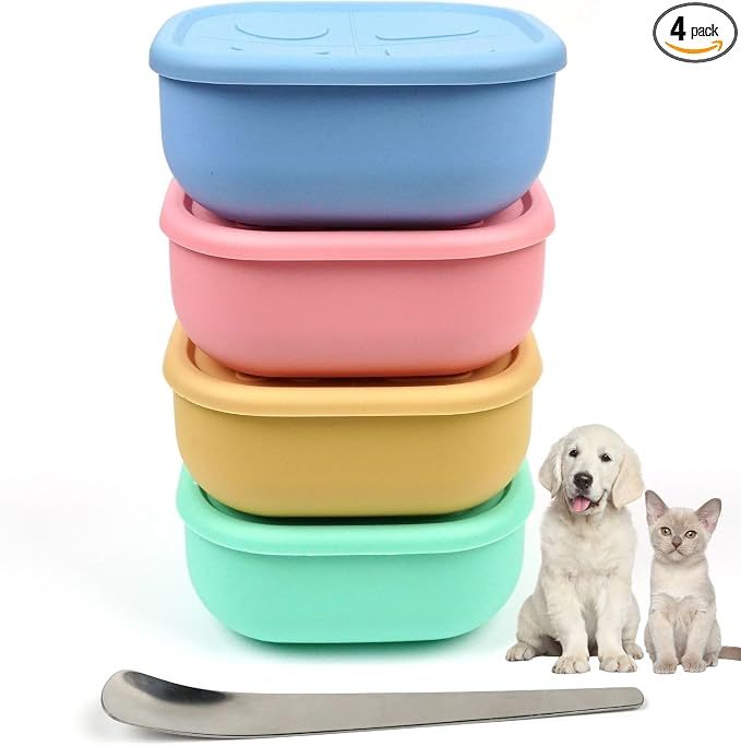 2ME Airtight Pet Wet Food Storage Containers with Lids (4-Pack, 12oz) - Silicone Meal Prep Kit for Dog & Cat Food - Freezer, Microwave & Dishwasher Safe - with Stainless Steel Scoop
