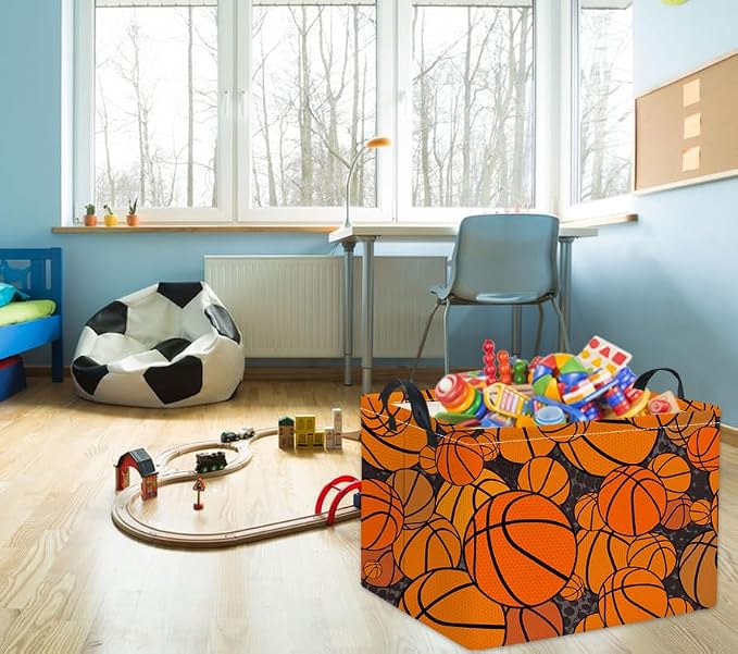 Rectangular Basketball Kids Storage Basket Gift & Baby Storage Bin Organizer Shelf Book Basket Room Decor (Basketballs)