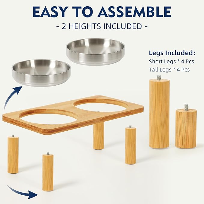 DoogCat Raised Cat Bowls, Bamboo Stand with 2 Stainless Steel Bowls | Adjustable Height, Whisker-Friendly Design, Food & Water Set, Stable Construction, Easy to Clean