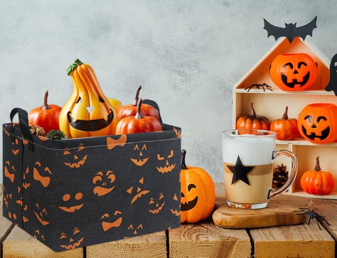 Rectangular Halloween Basket for Boys and Girls Kids Trick or Treat Pumpkin Basket for Halloween Parties Cute Storage Bin Organizer Box Room Decor(Black Pumpkin Face)