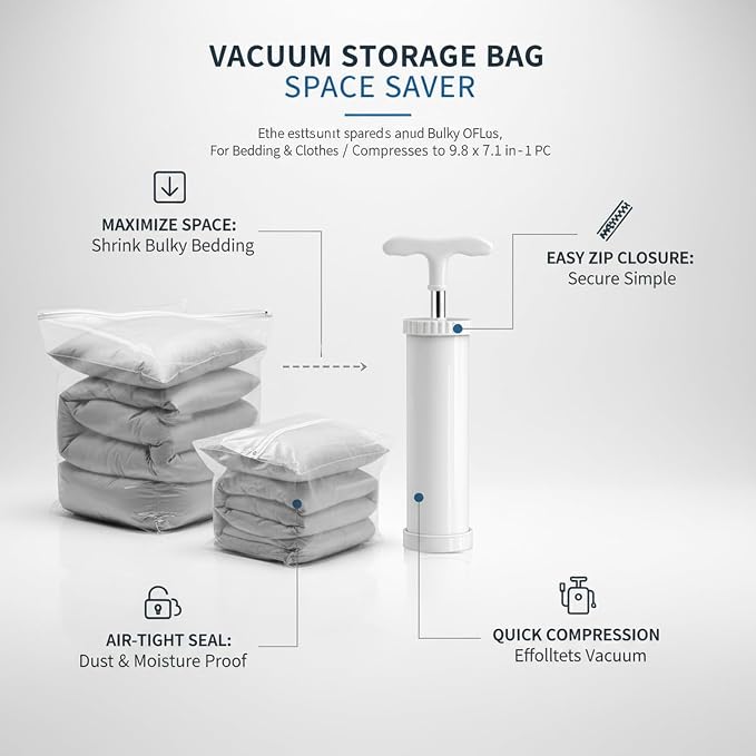 Vacuum Storage Bag with Zipper Seal, Space Saver for Clothes & Bedding, Compresses to 9.8 x 7.1 in, White (1 Pack)