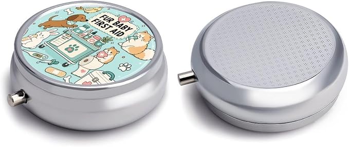 Cute Pet First Aid Essentials Round Pill Box with 3 Compartments, Portable Travel Pill Organizer with Spring Snap Closure for Vitamins Supplements Fish Oil