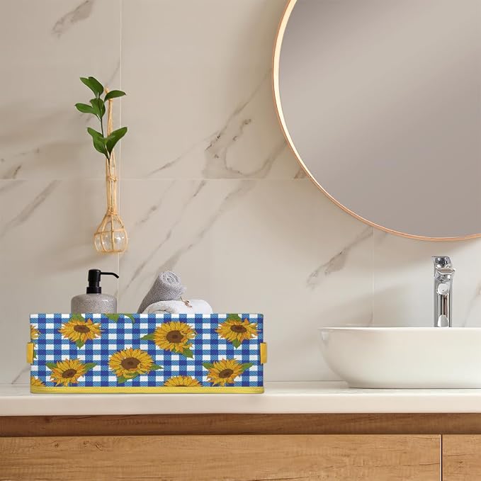 Sunflower Blue White Plaid Bathroom Storage Basket, Foldable with Handle Open Countertop Paper Towel Decorative Box, Toilet Tank Top Shelf Baskets for Home Closet Bedroom Living Room Office