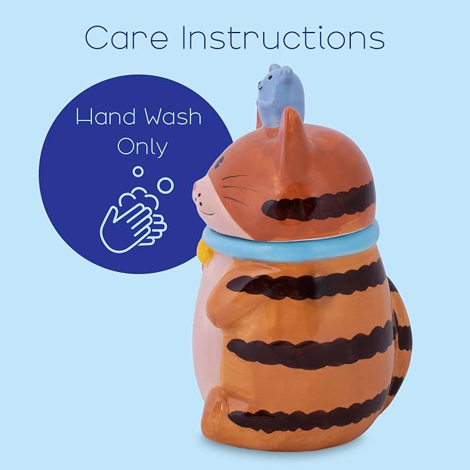 Dolomite Ceramic 10 x 6.3 Everyday Cookie & Candy Jar with Airtight Lid: Perfect for Kitchen Canisters, Pet Treat Containers & Decorative Storage, Orange Tabby Striped Cat and Mouse