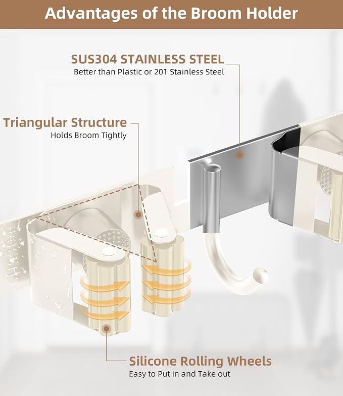 Broom Holder Over The Door with Hooks -304 Stainless Steel (light beige) | Save Space, Anti-Rust & Sturdy, Mop and Broom Holder Wall Mounted or Hanging Over The Door, for Garage Laundry Kitchen