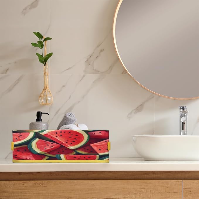 Watermelon Pattern Bathroom Storage Basket Waterproof Foldable Storage Bins with Handles Decorative Toilet Paper Storage Basket for Organizing for House Bathroom Toiletries