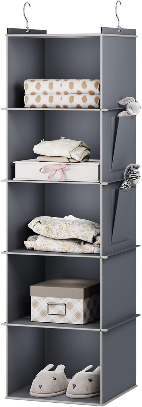 YOUDENOVA Hanging Closet Organizer and Storage for Clothes, 5-Shelf, Grey | Locker/RV/Camper Organizer, 2 Side Pockets, Hanging Shelves for Small Closet, Dorm Room Essentials for Guys, Non-woven Fabric