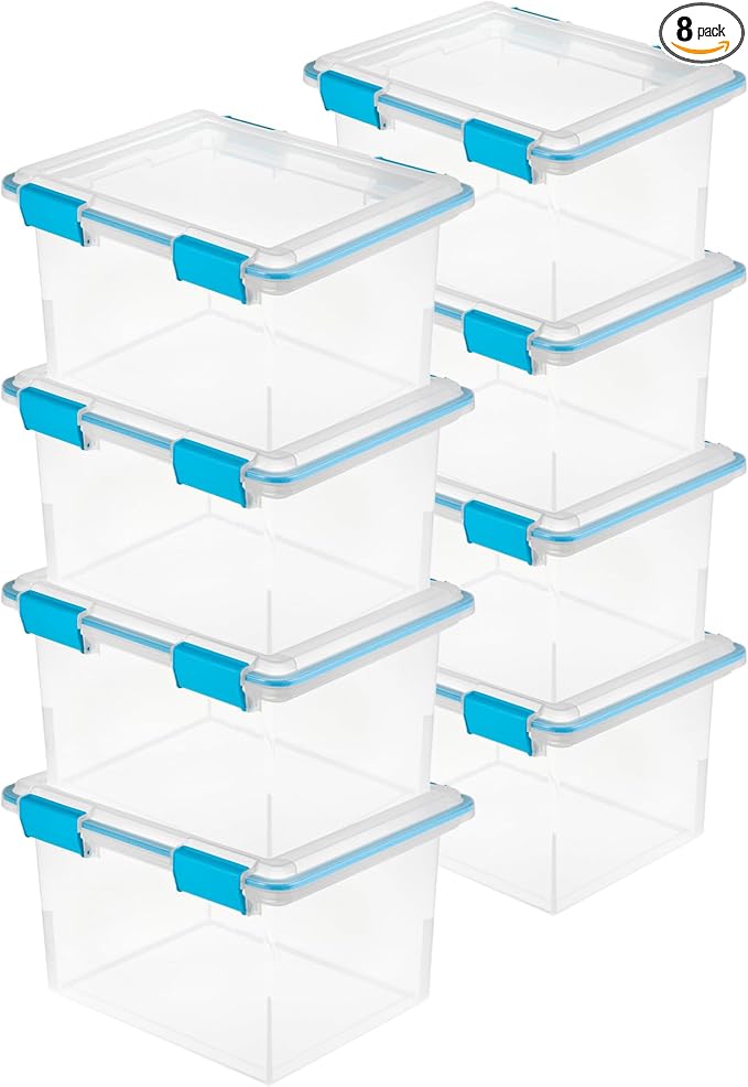 Sterilite Gasket Storage Box with Lids for Home & Office, 32 Quart, 8-Pack | Heavy-Duty, Stackable, and Organizing Containers for Bathroom, Cabinet, Closet, and Garage, Clear and Blue Aquarium Latches