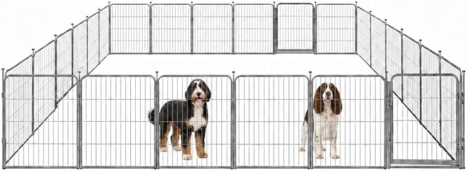 Indoor Dog Playpen - 32 inch, 24 Panels for Small and Medium Size Dogs - Play Pen w/Extra Wide Gate - Heavy Duty Metal Portable Pet Fence with Grey Anti-Rust Coating