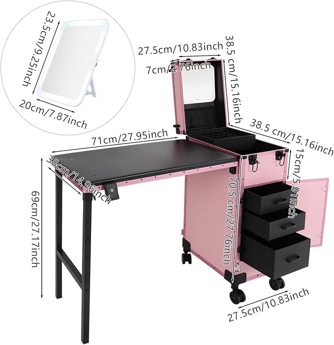 Portable Rolling Travel Nail Desk, Foldable Nail Tables Travel Cosmetic Trolley Storage Organizer with LED Mirror & 3 Drawers for air Stylists Pet Groomers Makeup Artists Salon (Pink Black)