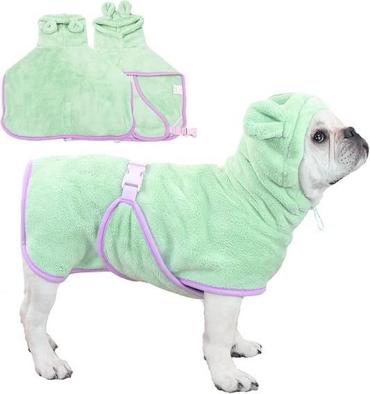 Pet Bathrobe for Dog Cat Absorbently Quick Drying Coat Cute Dogs Bath Towel Hooded Robe Adjustable Collar & Belly Strap for Pool Beach (Green, X-Large)