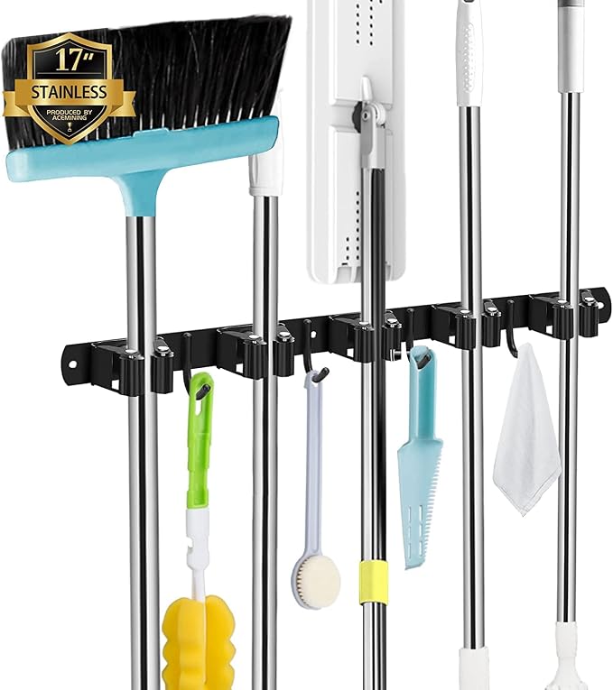 Black Broom Holder Wall Mount, 5 Racks 4 Hooks Mop and Broom Organizer | Mop Holder Wall Mount and Broom Hanger for Garage, Laundry Room, Kitchen and Utility Storage