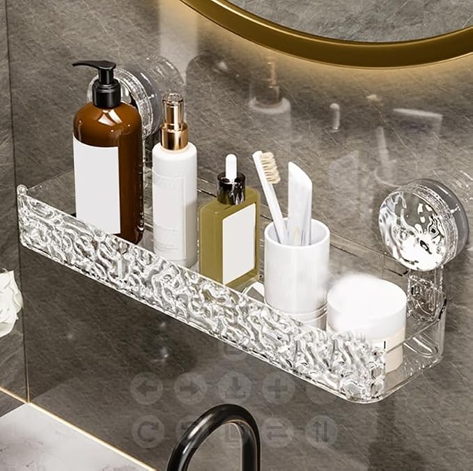 No Drill Clear Wall Caddy, 2024 New Wall Mounted Organizer Shelf Light Luxury Style Glacier Pattern Suction Cup Shelf, Drill Free Removable Caddy Shower Organizer (Grey, Triangle)