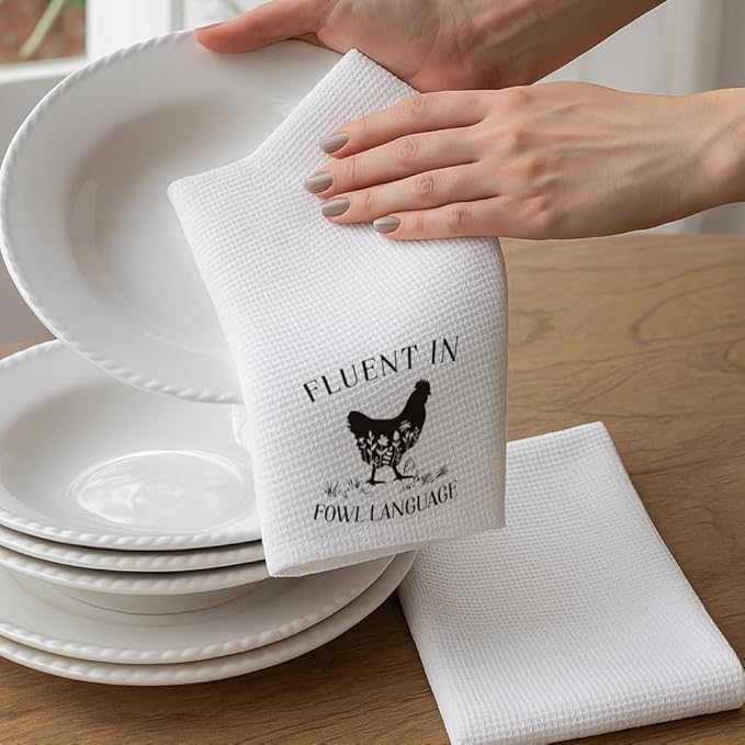 Funny Farmhouse Chicken Kitchen Towels Decor,Fluent in Fowl Language,Chicken Hand Towels for Bathroom,Rooster Dish Towel Tea Towel for Women,Chickens Birthday Party Decorations