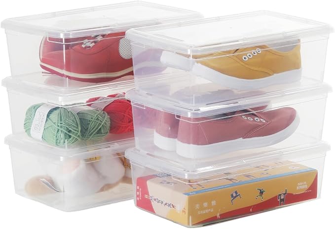 Stackable Plastic Storage Shoebox, BPA-Free Nestable Container with Latching Lid to Organize Shoes, See-Through Box for Home and Office, Multi-Purpose Storage Case, Clear Bins (6 Pack 6 Quart)