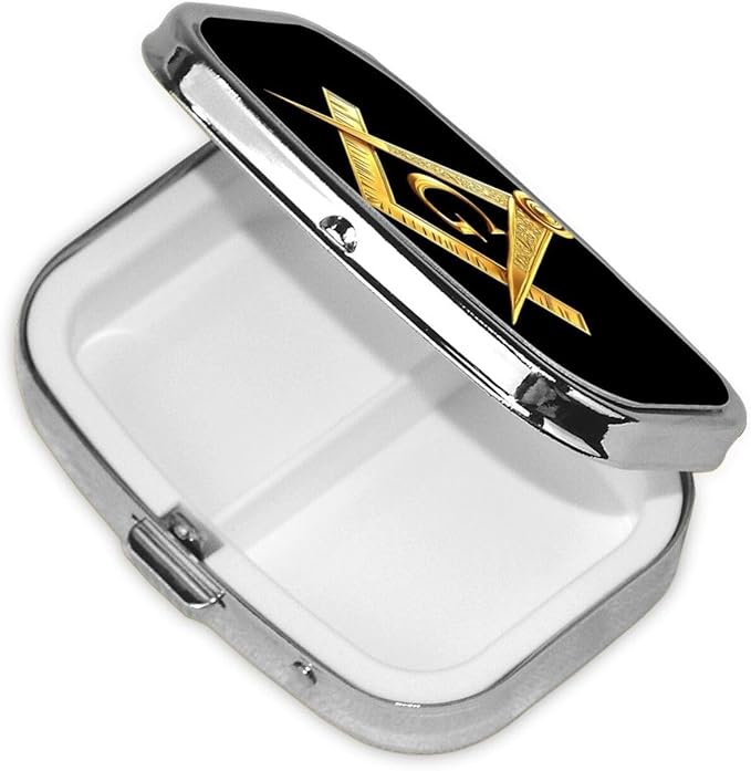 Gold Freemason Freemasonry Masonic Pill Organizer Travel Portable Compact Pill Box 2 Compartments Pill Case for Vitamins/Fish Oil/Meds for Purse Pocket