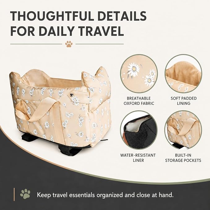 Dog Center Console Car Seat for Small Dogs 5-15 lbs, Apricot | Portable Armrest Puppy Booster with Anti-Collapse Support, Washable Fluffy Cushion and Pillow