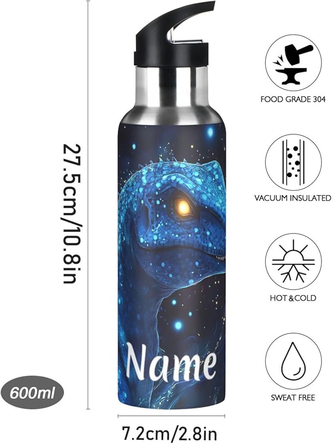 Custom Name Tech Dinosaur Blue Galaxy Water Bottle with Straw Lid Kids Insulated Stainless Steel Water Flask Sports, 20 Oz Hot Cold
