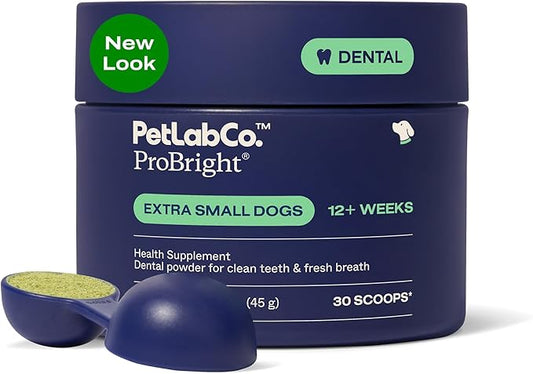 PetLab Co. ProBright Dental Powder - Dog Breath Freshener - Teeth Cleaning Made Easy – Targets Tartar & Bad Breath - Formulated for Extra Small Dogs - Packaging May Vary