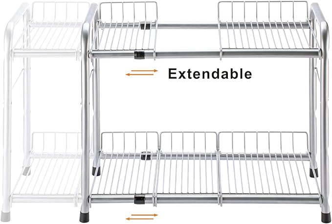 FlagShip 2 Tier Under Sink Organizers and Storage Rack Expandable Cabinet Shelf for Kitchen Bathroom Silver (17-25 inches)