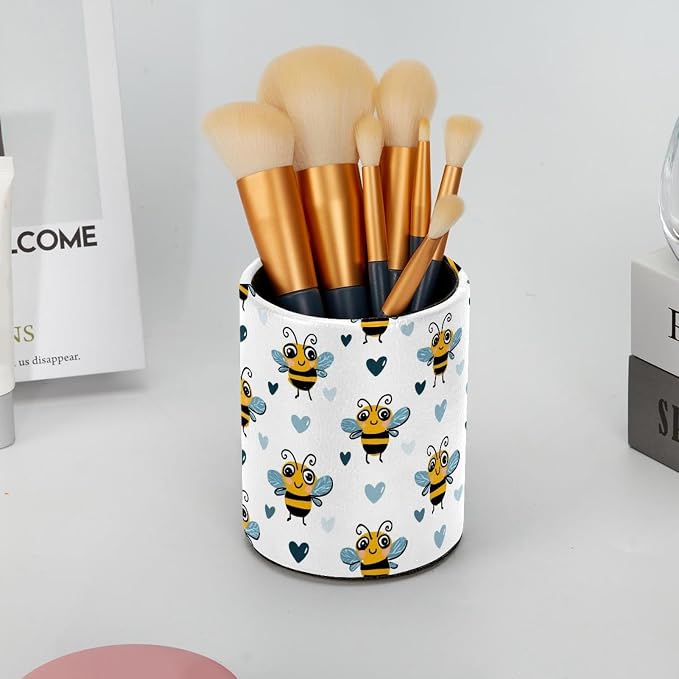 Faux Leather Pen Holder for Desk, Pencil Organizer Cute Bees Pen Cup Desk Decor Makeup Brush Holder Storage for Office Home