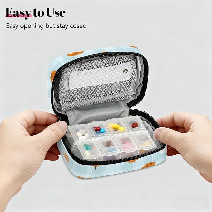 Travel Pill Organizer Blue Plaid Autumn Leaf Small Pill Case